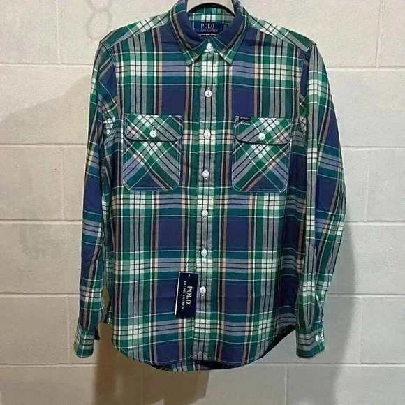 Polo Ralph Lauren Mens Workshirt SMALL Blue/Green Plaid Classic Fit Cotton Twill - Picture 2 of 10